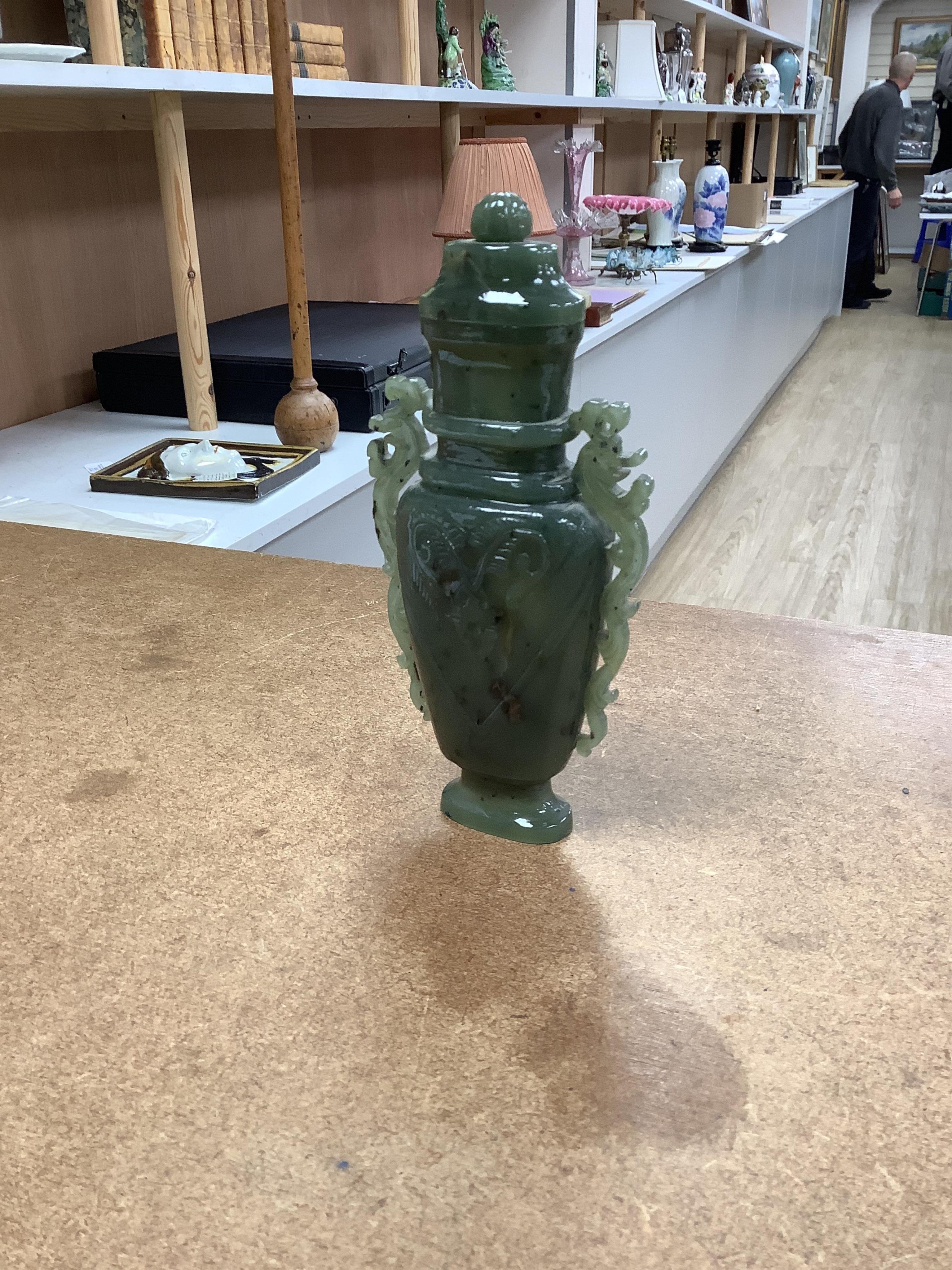 A group of Chinese and jadeite hardstone carvings to include seated figure of Buddha and twin handled censer on hardwood stand, largest 19cm high. Condition - fair to good